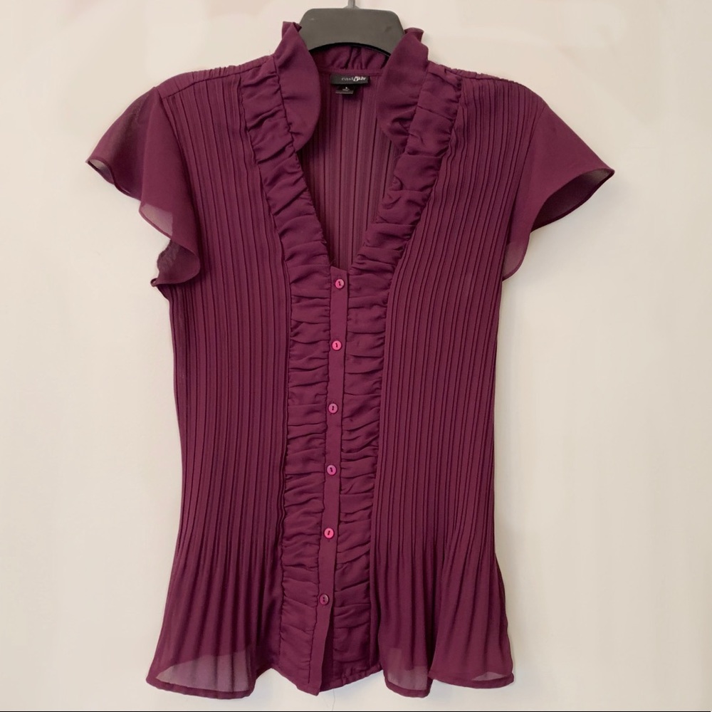 East 5th ruffled purple button up scrunch shirt L